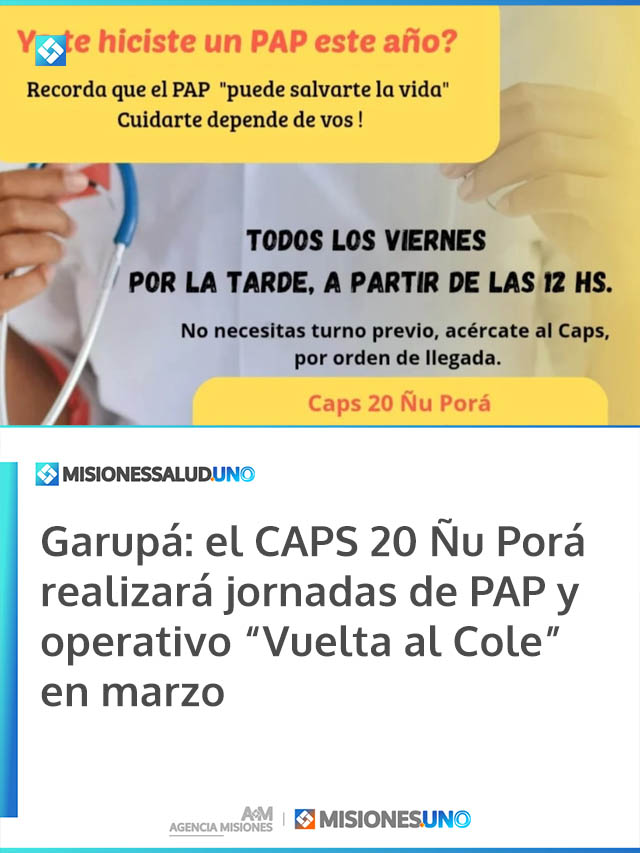 Garupá: el CAPS 20 Ñu Porá realizará jornadas de PAP y operativo “Vuelta al Cole” en marzo